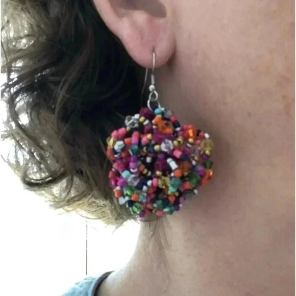 Hand Crafted Jewelry - Multicolor Rainbow Flower Seed Bead Handmade Drop Earrings